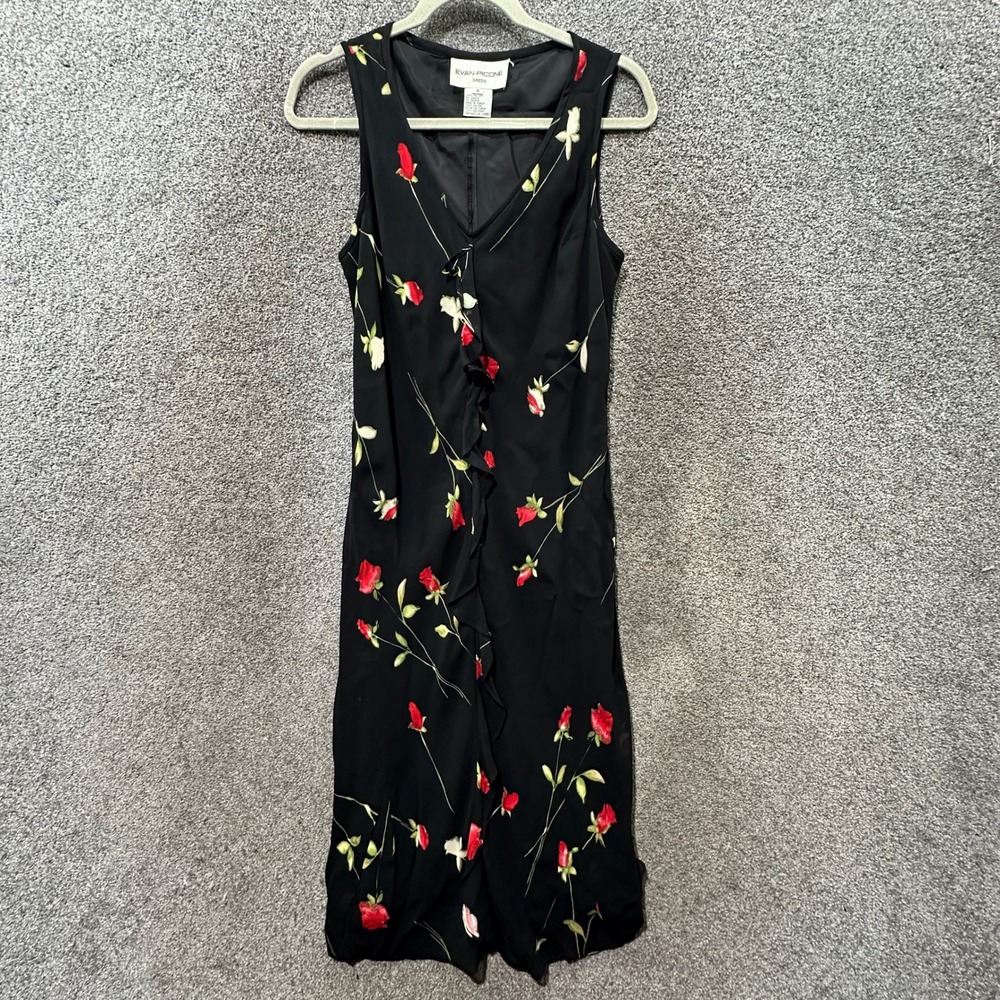 Evan Picone Black Floral Midi Dress Womens Size 8 V Neck Sleeveless Ruffle Rayon